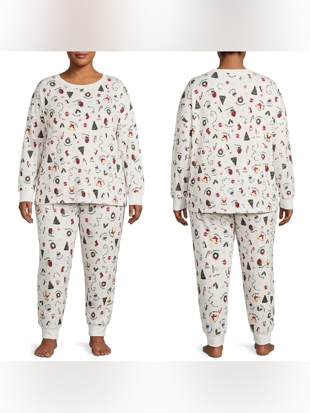 NWT Holiday Time Winter White Festive Print Pajama Set 3X (22W-24W)